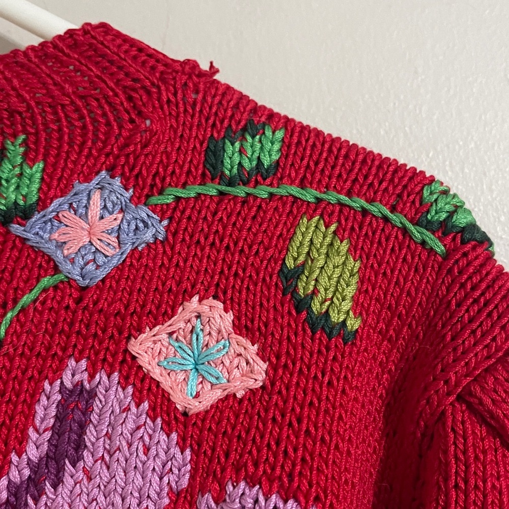 Vintage Berek Bergdorf Goodman red knit whimsical grandmacore cardigan sweater M - Picture 8 of 9